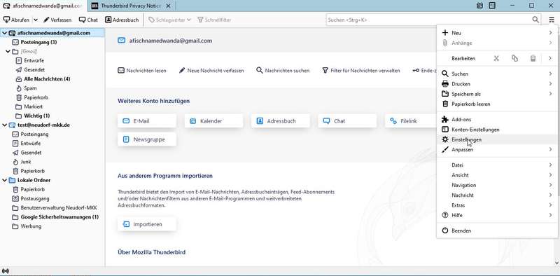 Thunderbird: Zu den Programm-Einstellungen Thunderbird: Zu den Programm-Einstellungen
