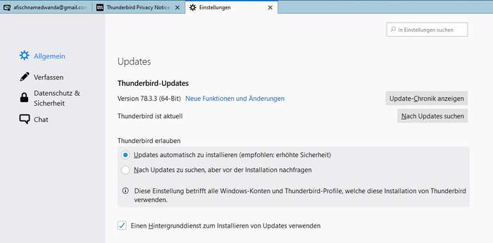Thunderbird: Einstellungen - Allgemein - Updates Thunderbird: Einstellungen - Allgemein - Updates