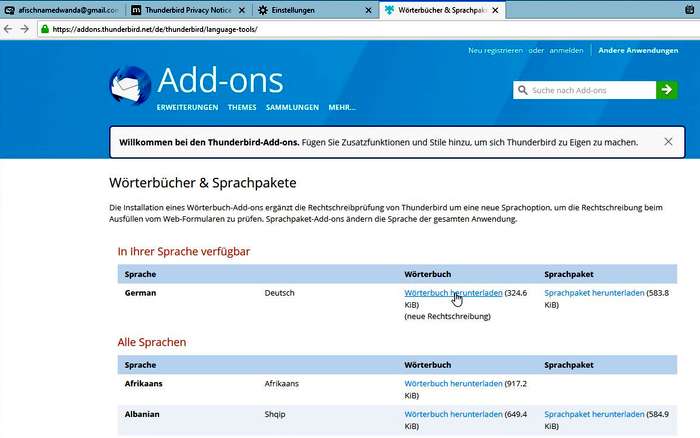 Thunderbird Add-Ons: Deutsches Wörterbuch herunterladen Thunderbird Add-Ons: Deutsches Wörterbuch herunterladen