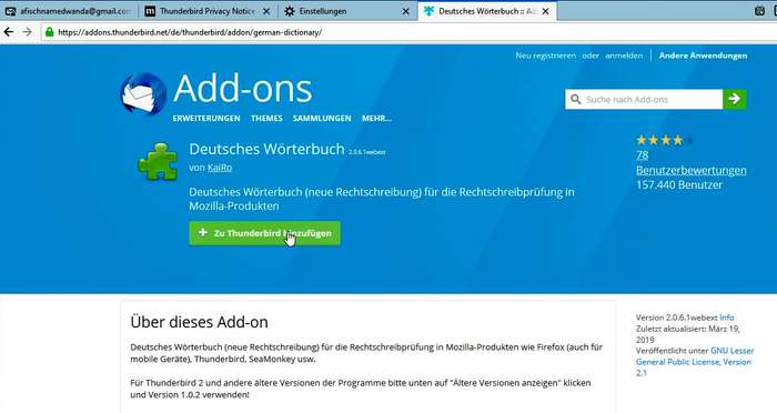 Thunderbird Add-Ons: Deutsches Wörterbuch herunterladen Thunderbird Add-Ons: Deutsches Wörterbuch herunterladen