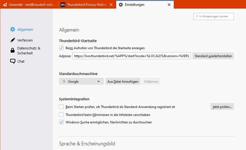 Thunderbird: Einstellungen - Allgemein Thunderbird: Einstellungen - Allgemein