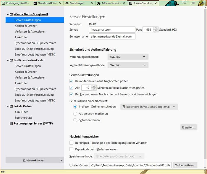 Thunderbird: Konto-Einstellungen - Server-Einstellungen Thunderbird: Konto-Einstellungen - Server-Einstellungen