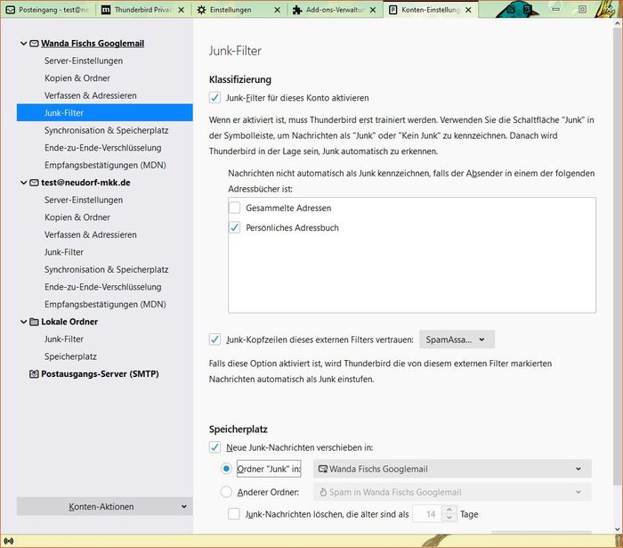 Thunderbird: Konten-Einstellungen - Junk-Filter Thunderbird: Konten-Einstellungen - Junk-Filter