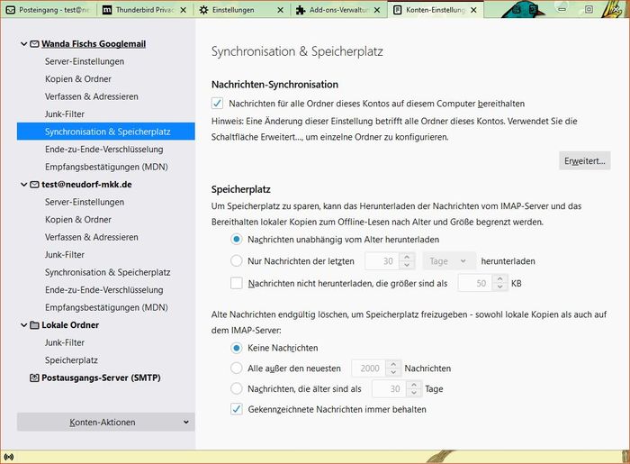 Thunderbird: Konten-Einstellungen - Synchronisation & Speicherplatz Thunderbird: Konten-Einstellungen - Synchronisation & Speicherplatz