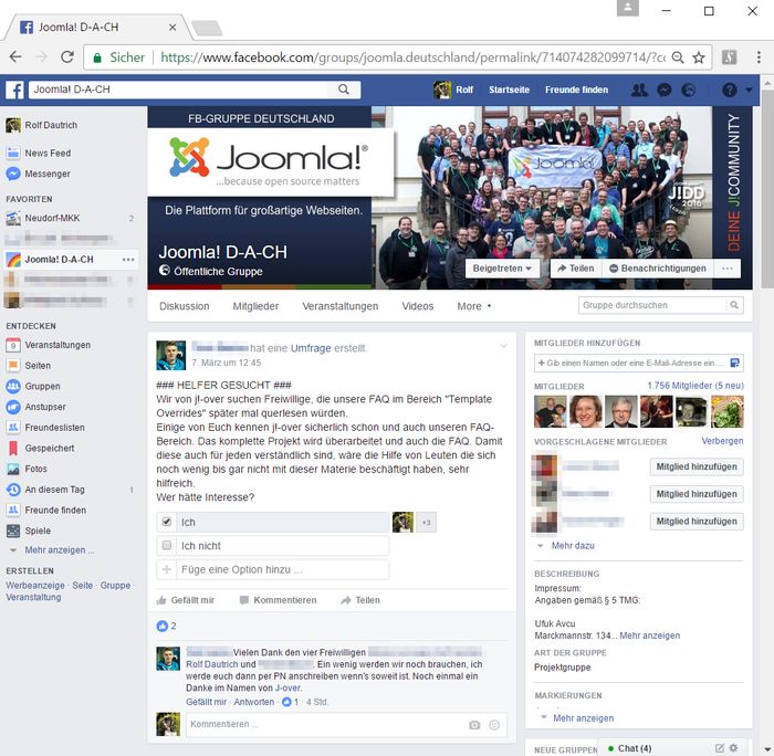 Diskussion in der Facebook-Gruppe Joomla! D-A-CH Facebook-Gruppe Joomla! D-A-CH