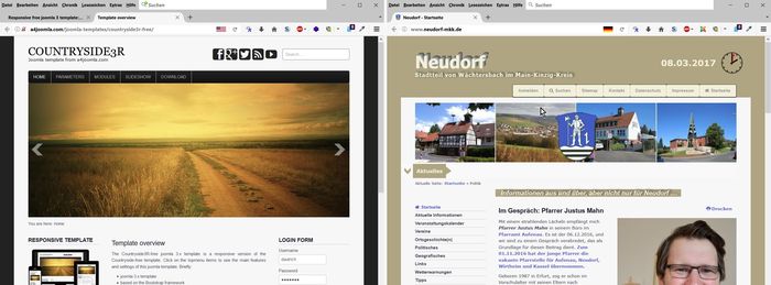 Das Template Countryside3R von A4Joomla: links Original, rechts angepasst für Neudorf-MKK.de Template Countryside3R