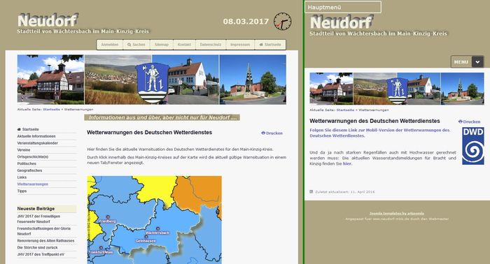 Zweimal die gleiche Seite "Wetterwarnungen": Links in Desktop-, rechts in Mobil-Ansicht Wetterwarnungen