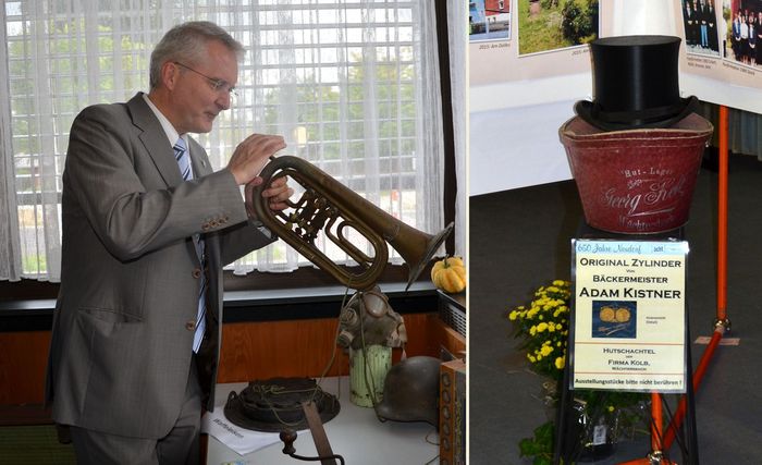 Bürgermeister Weiher mit historischem Blasinstrument / Zylinder des Bäckermeisters Adam Kistner Bürgermeister Weiher mit historischem Blasinstrument / Zylinder des Bäckermeisters Adam Kistner