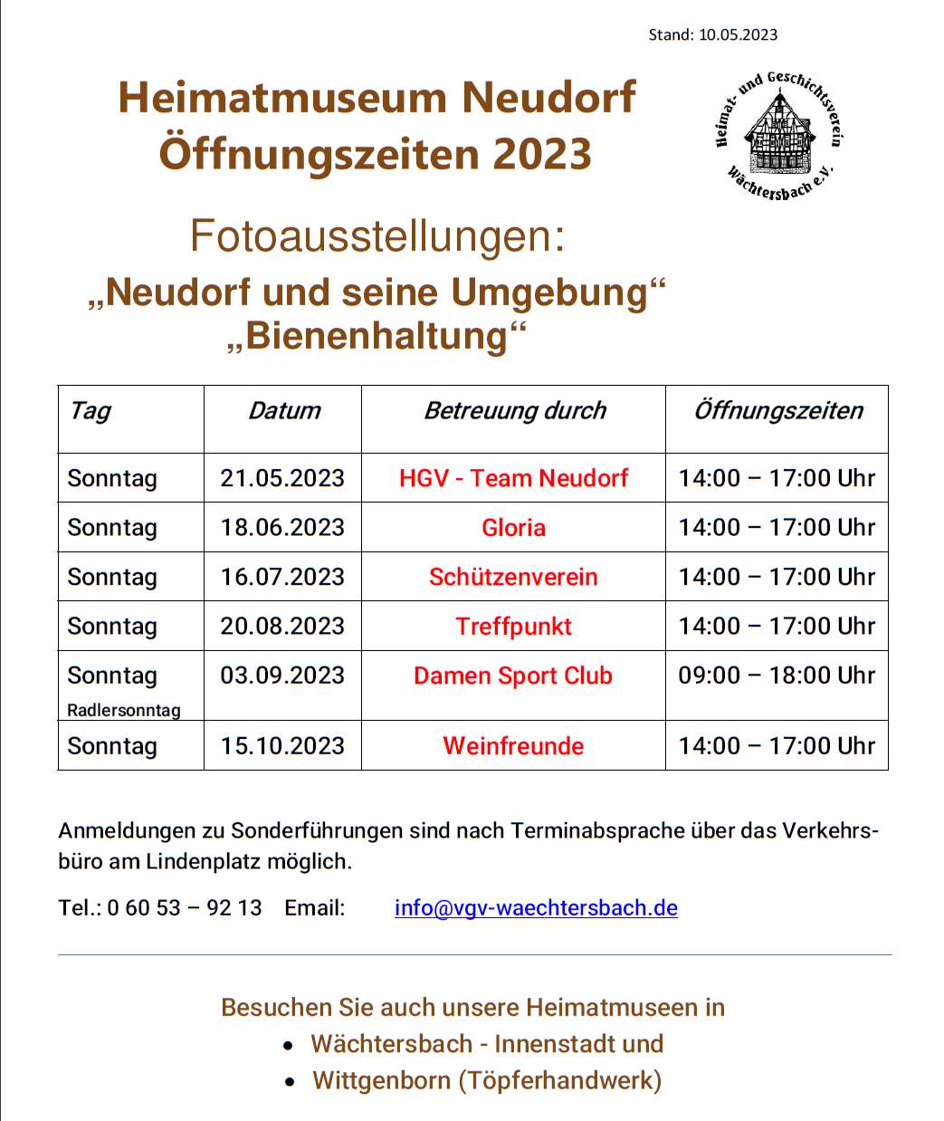 Öffnungszeiten 2023 des Heimatmuseums Neudorf Öffnungszeiten 2023 des Heimatmuseums Neudorf