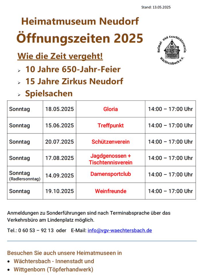Öffnungszeiten des Heimatmuseums Neudorf 2025 Öffnungszeiten des Heimatmuseums Neudorf 2025