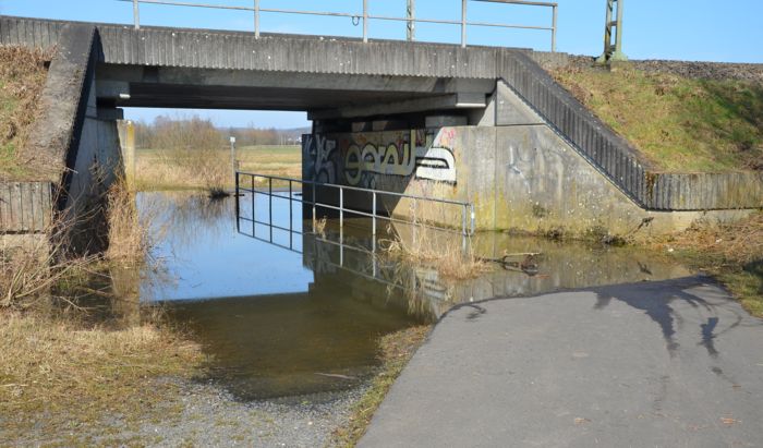 Durch den Rückstau des Biberdamms überschwemmte Unterführung (Aufenauer Seite) Durch den Rückstau des Biberdamms überschwemmte Unterführung (Aufenauer Seite)