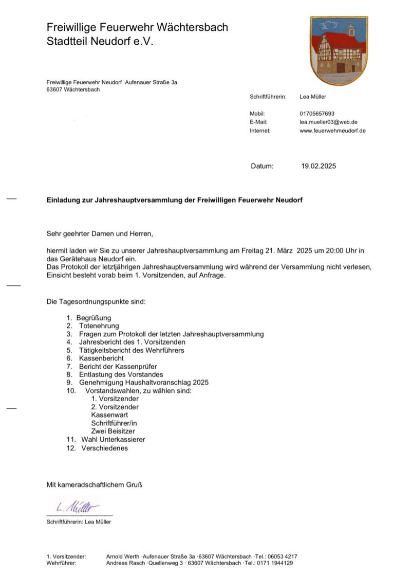Jahreshauptversammlung 2025 der Freiwilligen Feuerwehr Neudorf - Tagesordnung