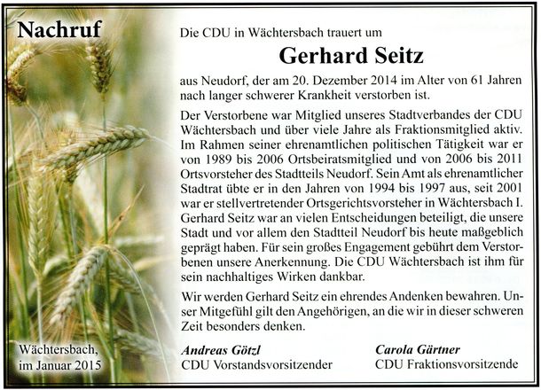 Traueranzeige der CDU Gerhard Seitz Traueranzeige CDU