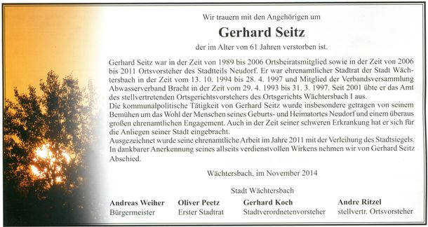 Traueranzeige von Stadt und Ortsbeirat Gerhard Seitz Traueranzeige Ortsbeirat