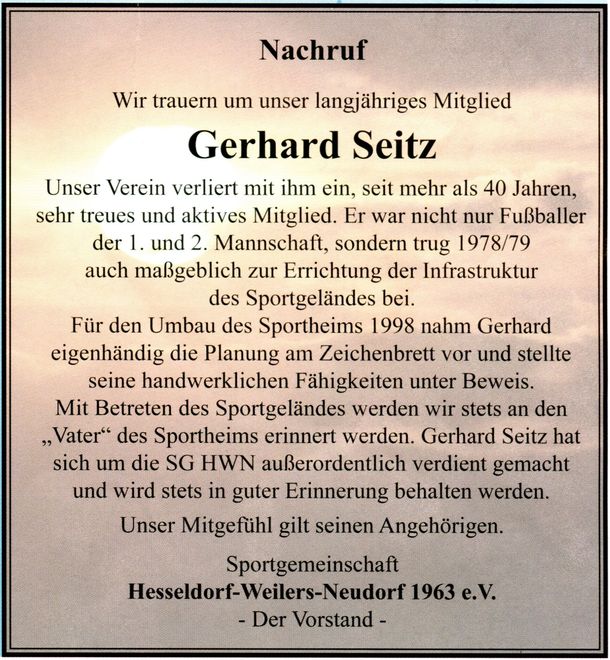 Traueranzeige der SG HWN Gerhard Seitz Traueranzeige SG HWN