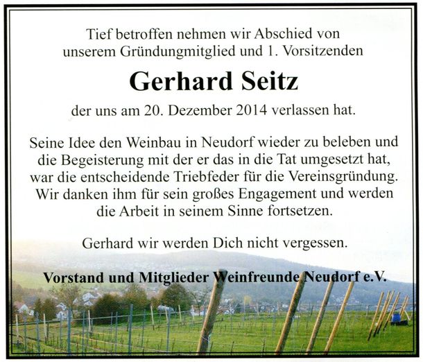 Traueranzeige der Weinfreunde Traueranzeige der Weinfreunde für Gerhard Seitz